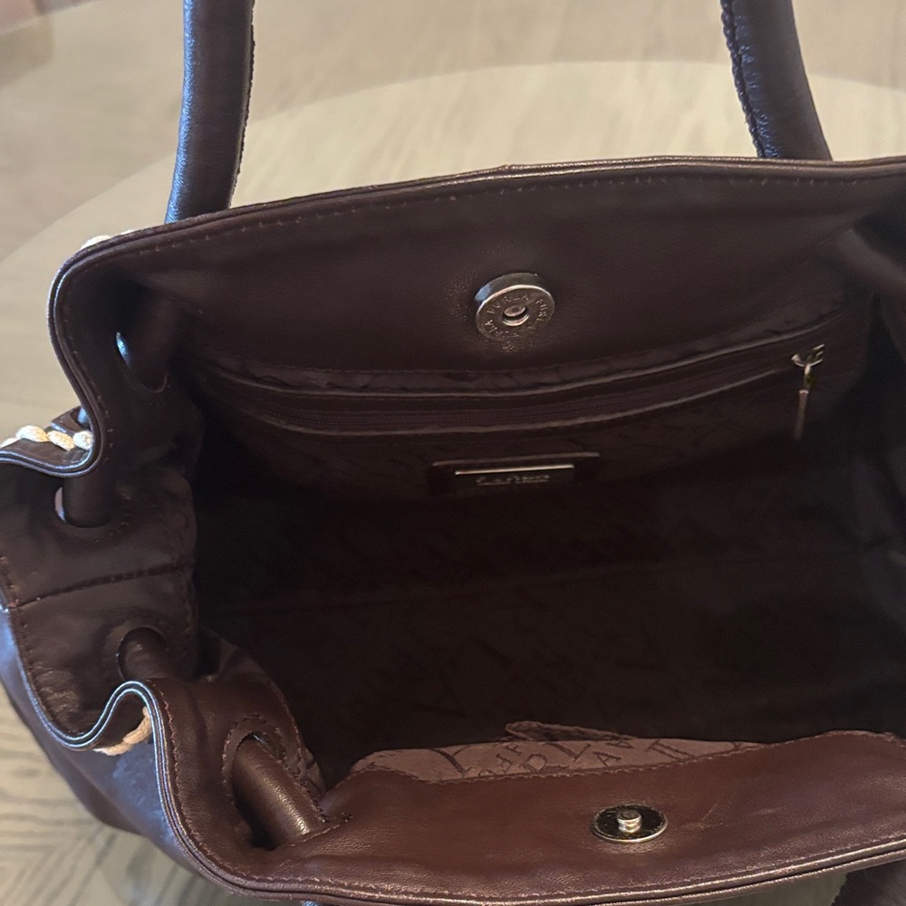 Furla/Certificate of Authenticity- Dark Brown Leather Satchel Cream Braided Trim - Picture 7 of 12